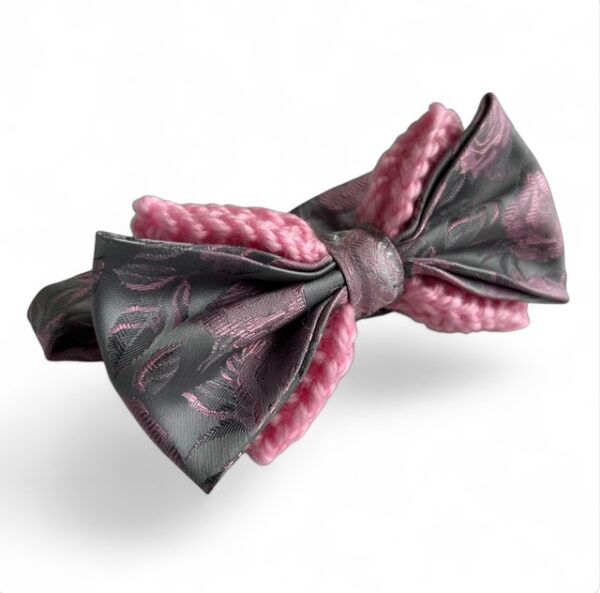 Knitted Silky Bow Ties - Floral Pink & Silver Grey