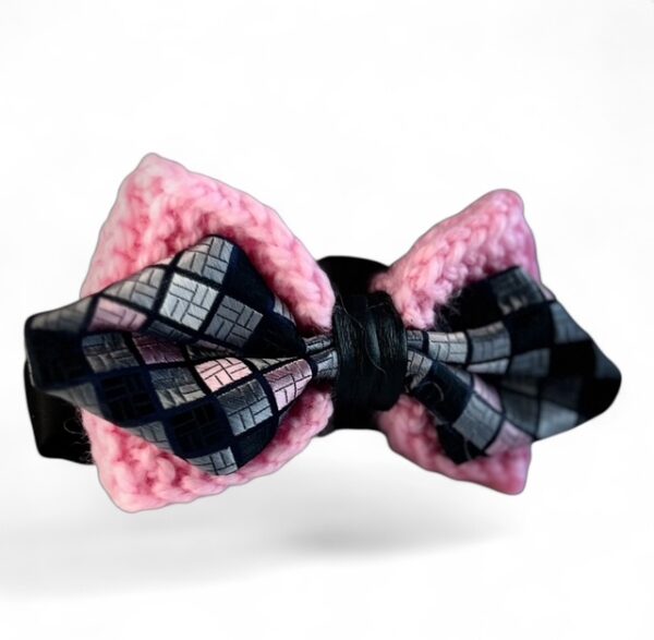 Knitted Silky Bow Ties - Pink & Symmetric shades of Grey - Black Leather Knot