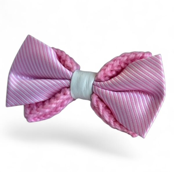 Knitted Silky Bow Ties - Pink Pinstripe & White Leather Knot