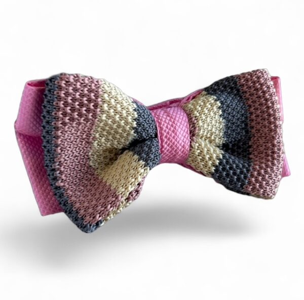 Knitted Bow Ties - Pink, Grey and Cream Stripe